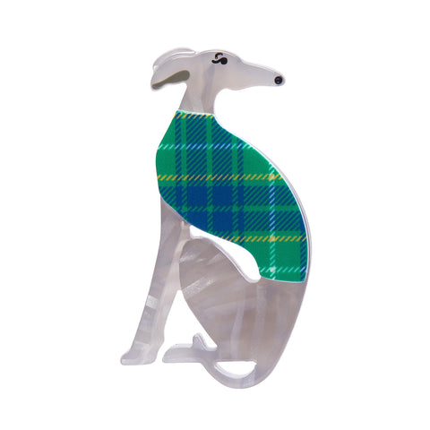 Dog Minis Collection "Garrison the Greyhound" sitting grey dog wearing plaid sweater layered resin brooch