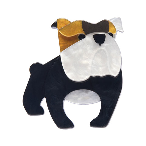 Dog Minis Collection "Boof Bulldog" standing black, brown, and white dog layered resin brooch