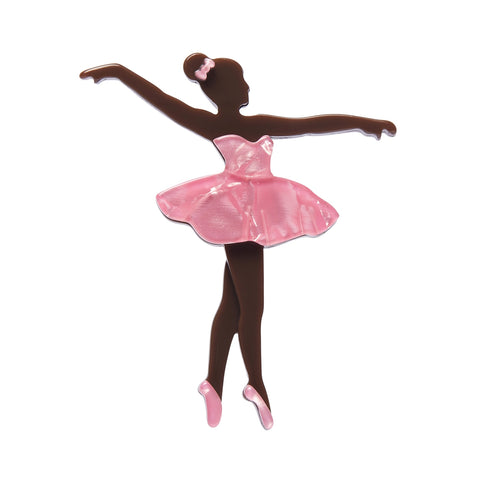 "Ballet Russes" dark brown colored ballerina in a pink tutu layered resin brooch