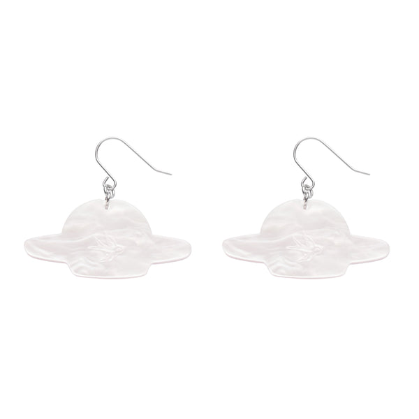 Mission to the Moon Collection "Beam Me Up” layered resin flying saucer dangle earrings, showing solid pearly white back view