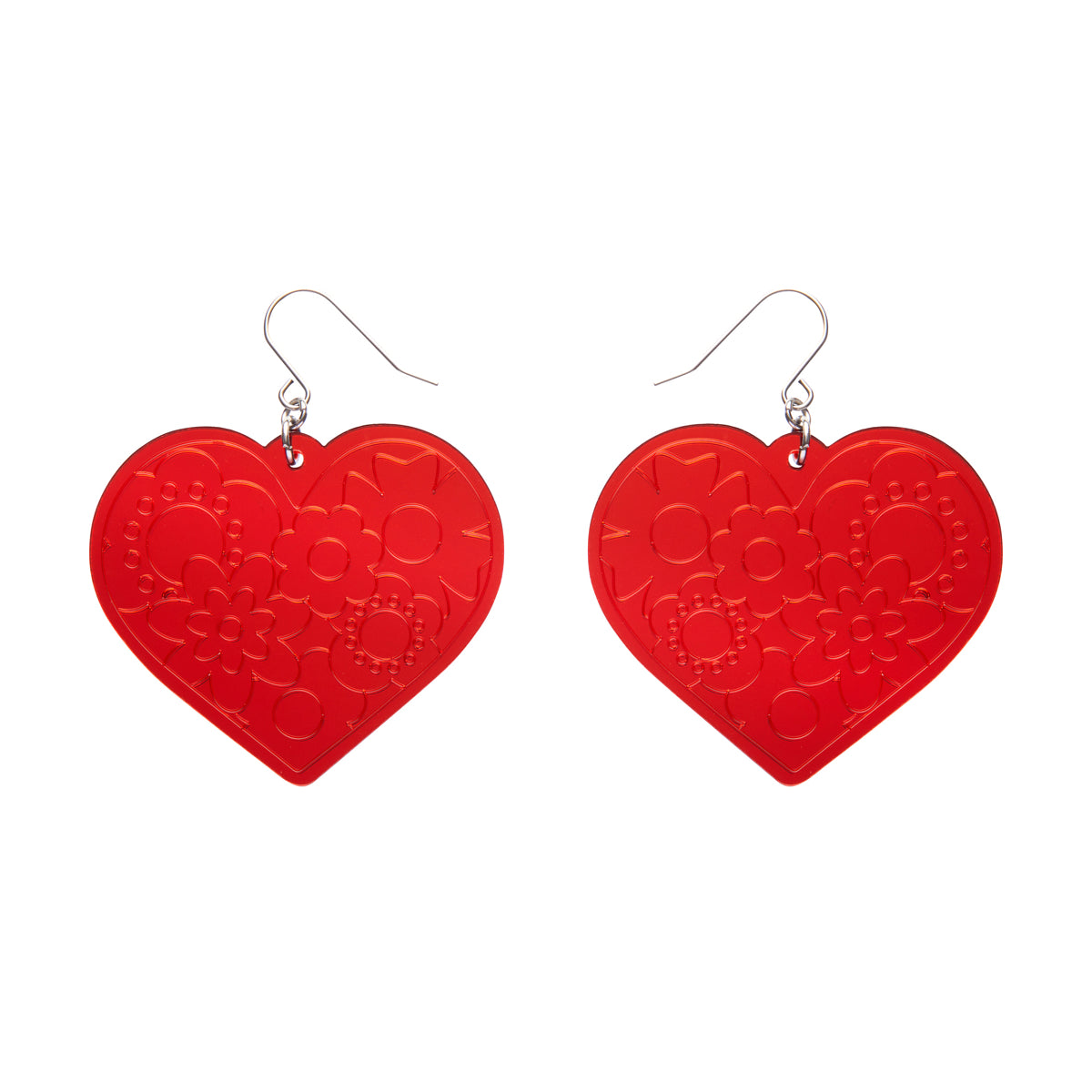pair Spellbound Essentials Collection "Love Heart" dangle earrings in shiny etched mirror finish red 100% Acrylic resin