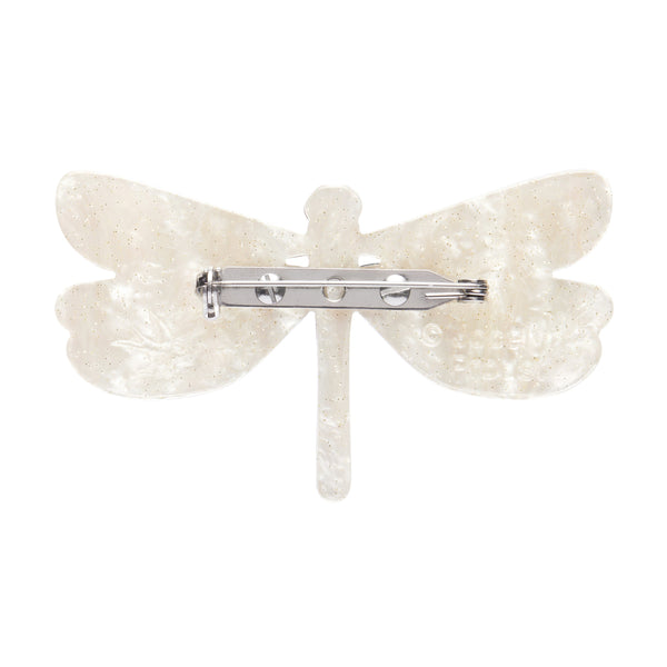 Jocelyn Proust Collaboration Collection "Sapphire Sky Dancer" layered resin dragonfly brooch, showing solid white reverse