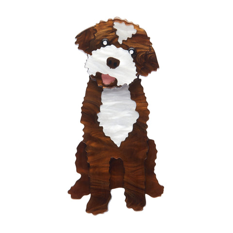 Che Bello! Collection “Terrific Truffle Hunter” layered resin brown and white dog brooch