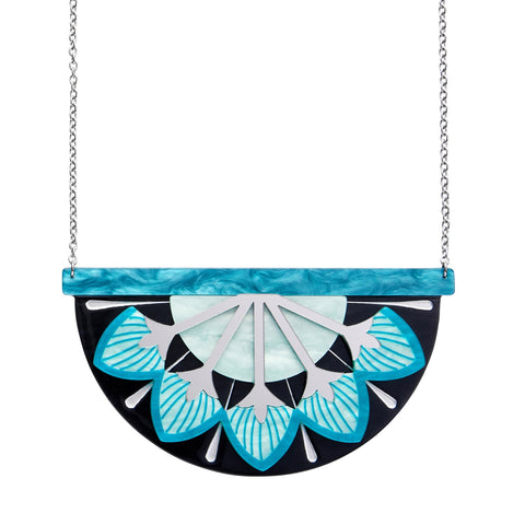 Untamed Elegance Collection "Geometric Fanfare" Art Deco style black, teal, seafoam, and mirror finish silver layered resin fan-shaped pendant necklace on silver metal link chain