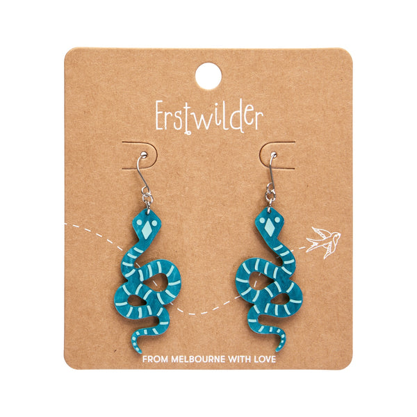 pair Untamed Elegance Essentials Collection snake dangle earrings in blue green 100% Acrylic resin, shown on branded backer card packaging