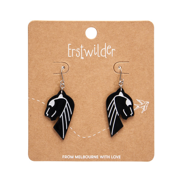 pair Untamed Elegance Essentials Collection jaguar head dangle earrings in black 100% Acrylic resin with metallic silver detailing, shown on branded backer card packaging