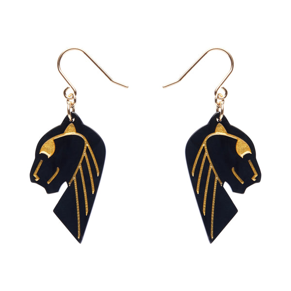 pair Untamed Elegance Essentials Collection jaguar head dangle earrings in black 100% Acrylic resin with metallic gold detailing