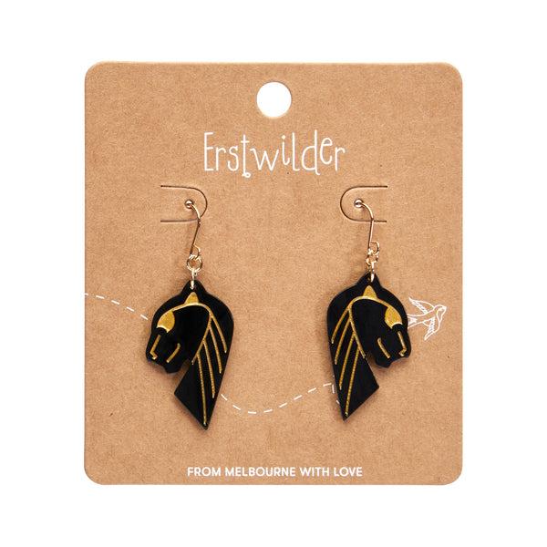 pair Untamed Elegance Essentials Collection jaguar head dangle earrings in black 100% Acrylic resin with metallic gold detailing, shown on branded backer card packaging