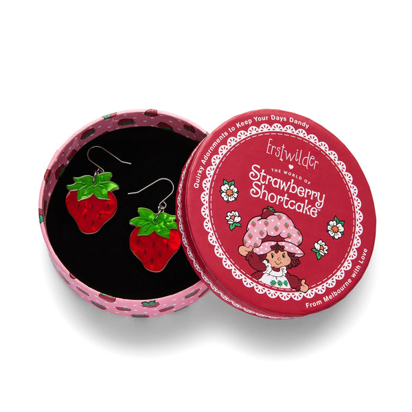 "Darling Strawberry" layered resin dangle earrings, shown in illustrated round box packaging