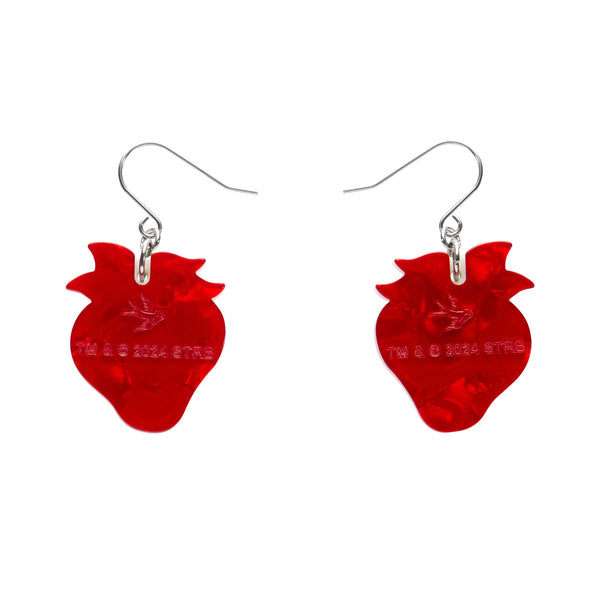 "Darling Strawberry" layered resin dangle earrings, showing solid red reverse