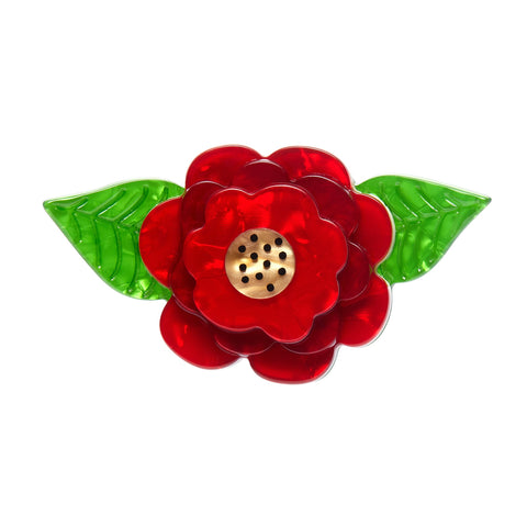 "Rosalita" red rose with two green leaves layered resin brooch