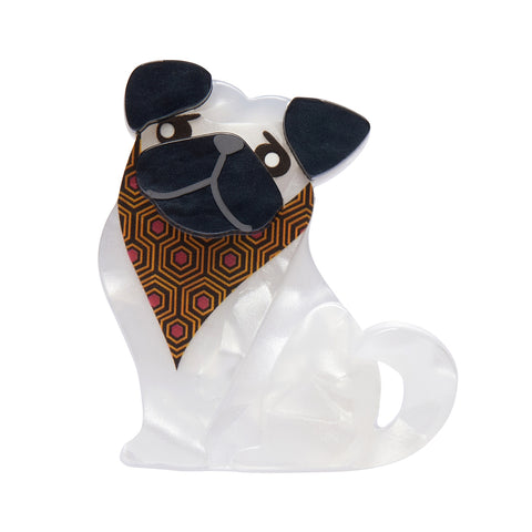 Dog Minis Collection "Adoring Polly Pug" seated white and black pug dog wearing patterned brown bandana layered resin brooch
