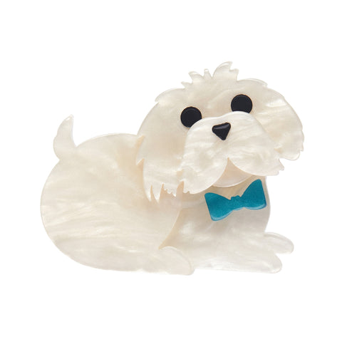 Dog Minis Collection "Marc the Maltese" white seated dofg with blue bow tie layered resin brooch