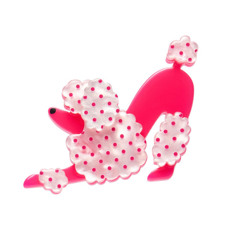 Dog Minis Collection "Pouncing Paulette" standing with front legs extended pink poodle layered resin brooch