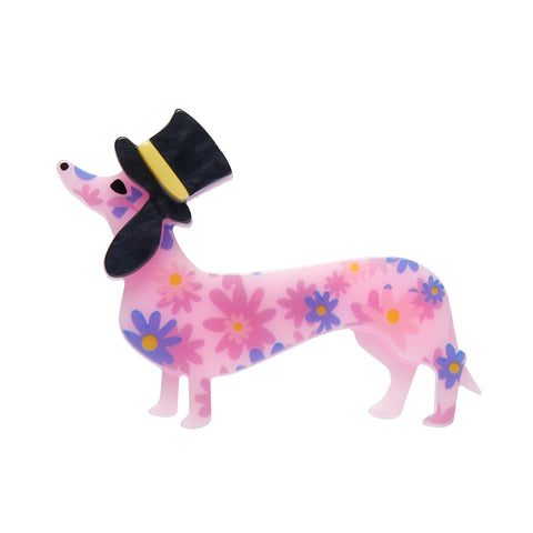 Dog Minis Collection "Dapper Dachsund" standing pink floral patterned dachshund in a top hat layered resin brooch