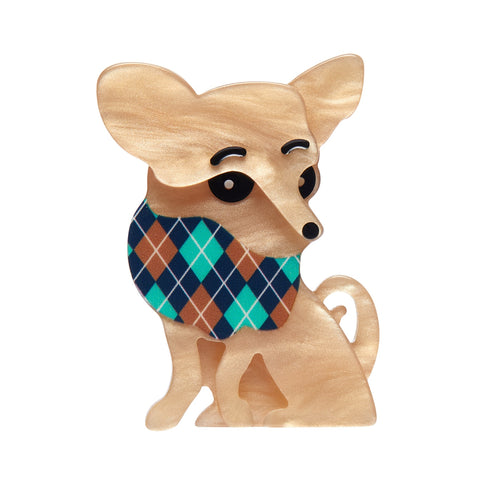 Dog Minis Collection "Chi Chi Chihuahua" seated tan dog wearing argyle print bandana layered resin brooch
