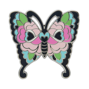 "Fright of the Butterfly" pink, blue, green, and black enameled silver metal clutch back pin