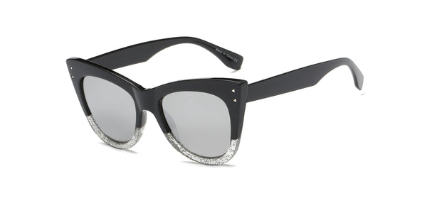 Thick two-tone plastic frame cat eye sunglasses in black & translucent glitter-infused grey with smoke lens, shown 3/4 view