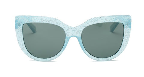 Thick glitter infused translucent light blue plastic frame cat eye sunglasses with smoke lens