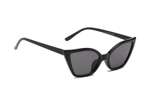 shiny black plastic frame cat-eye sunglasses with dark smike lens, shown 3/4 view