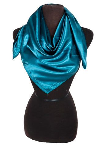 vintage-inspired square satin scarf in cerulean blue, shown on mannequin torso