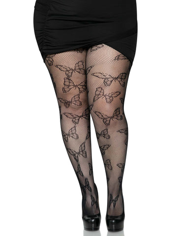 Black fishnet pantyhose with allover knit-in butterflies design, shown on model