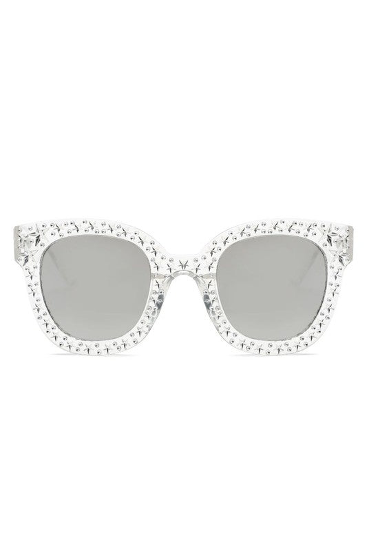 clear plastic frame sunglasses with silver star pattern and mirrored smoke lens