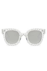 clear plastic frame sunglasses with silver star pattern and mirrored smoke lens