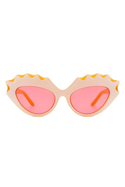 sturdy cat eye translucent deep yellow plastic frames with bold "carved" upper eyelashes detail in white and bright pink lens