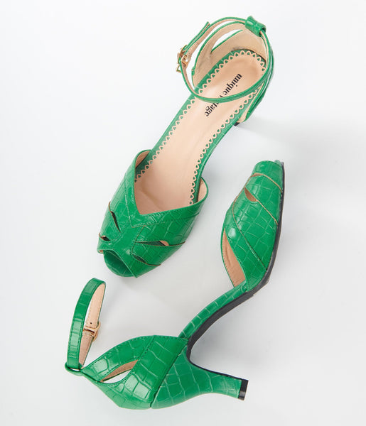 green crocodile pattern ankle strap peep-toe heels