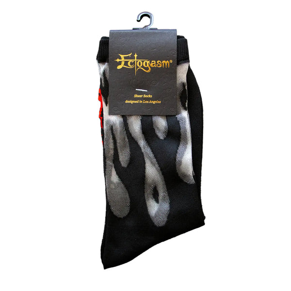 A pair of crew socks with a black flame design & a black cuff, toe, and heel and the Ectogasm logo woven onto the bottom of each sole. Shown in its packaging