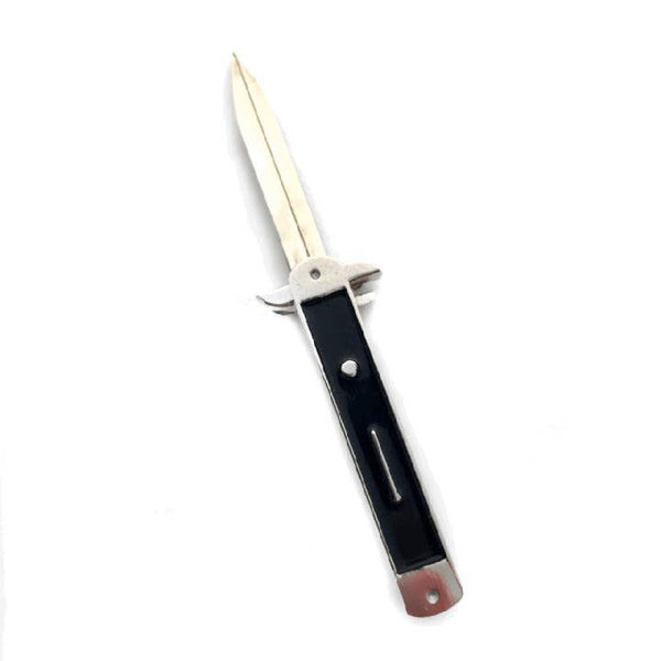 shiny silver metal and black enamel switchblade stiletto knife lapel pin with retractable blade