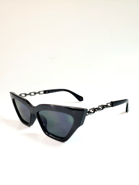 Shiny black plastic frame cat-eye sunglasses with gunmetal cable chain arms and dark smoke lens, shown 3/4 view