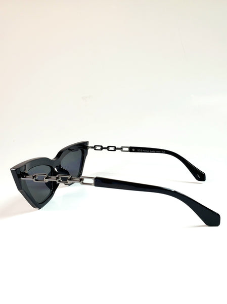 Shiny black plastic frame cat-eye sunglasses with gunmetal cable chain arms and dark smoke lens, shown from the side
