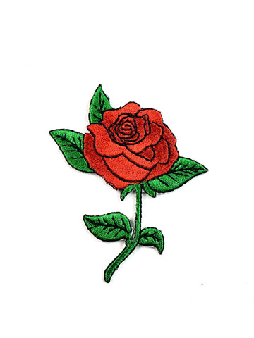 Bright red rose with green leaves and stem embroidered patch