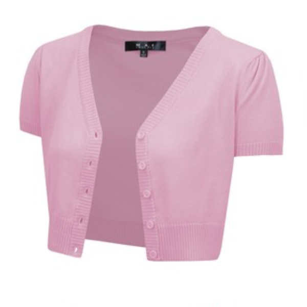 cropped length v-neck short puffed sleeve 5-button cardigan in light pink