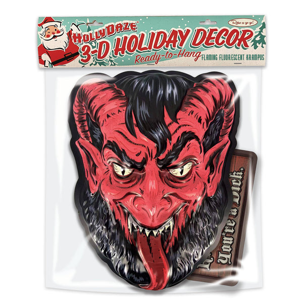 19" tall Hollydaze intense red Fluorescent Freaks (blacklight reactive!) "Flaming Krampus" face vacu-form plastic wall decor mask, shown in plastic bag with branded header packaging