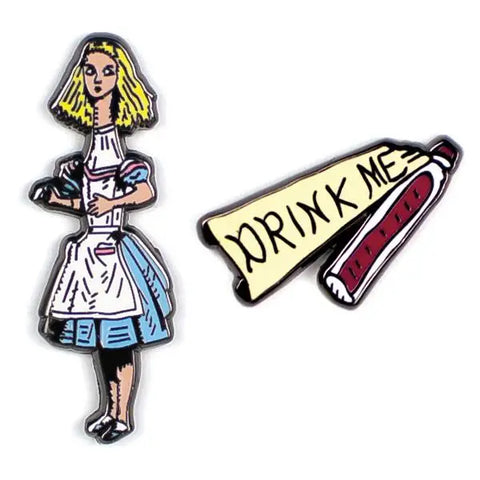 A set of two enamel pins, one of Alice from Alice in Wonderland with a stretched neck and the other being a bottle with a “drink me” label