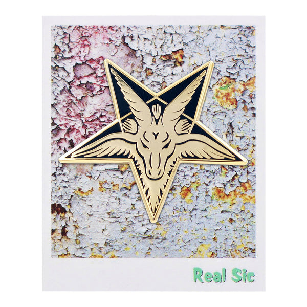black enameled gold clutch back pin depicting the head of Baphomet
