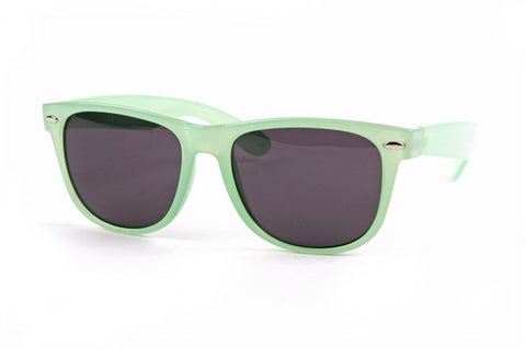 Translucent pale green Wayfarer style plastic frame sunglasses with dark smoke lens