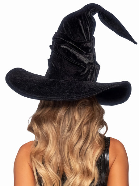 black witch hat in lush velvet, with ruching and a wired crown & brim, shown back view on model