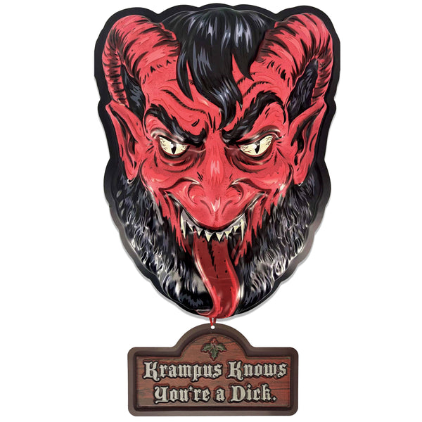 19" tall Hollydaze intense red Fluorescent Freaks (blacklight reactive!) "Flaming Krampus" face vacu-form plastic wall decor and "Krampus Knows You're a Dick" plaque