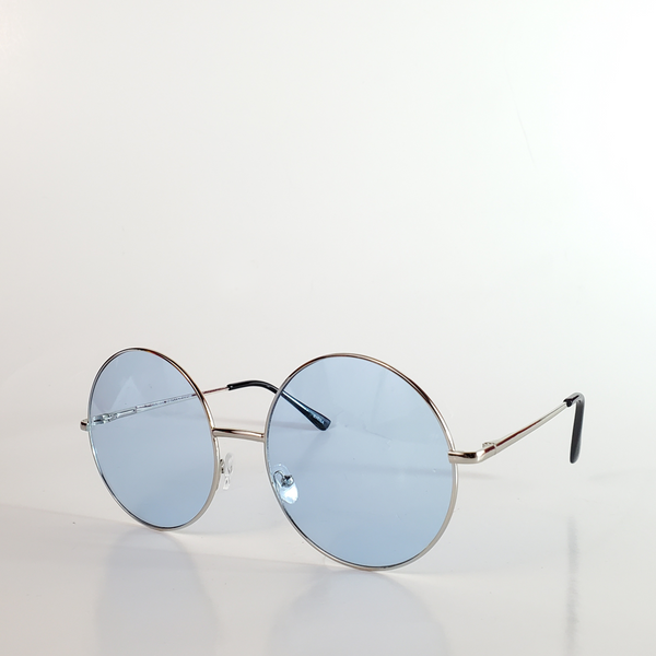round sunglasses with thin silver metal frames and blue tinted lenses
