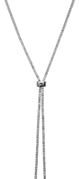 lariat style necklace made of tiny silver rhinestones with a shiny gunmetal colored slider. Shown in close up