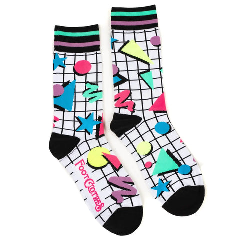 Unisex crew socks with a white and black grid background and neon geometric Memphis Design style pattern