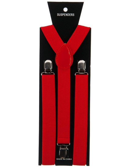1" wide adjustable red elastic suspenders with silver metal clips, shown on black backer card packaging
