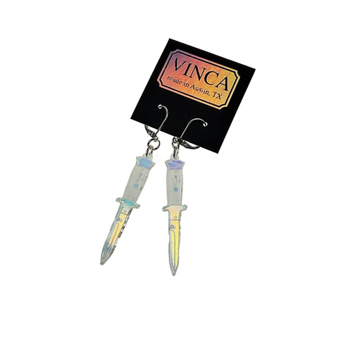 clear iridescent laser cut acrylic switchblade knife dangle earrings