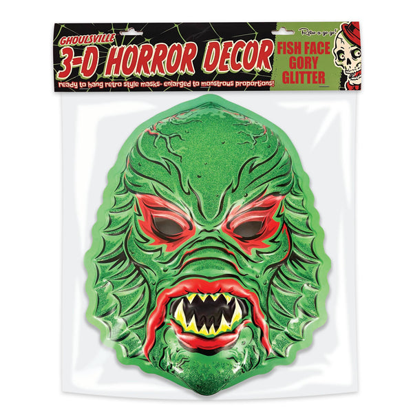 Ghoulsville glitter-y green with red "Gory Glitter Fish Face" vacu-form plastic wall decor mask