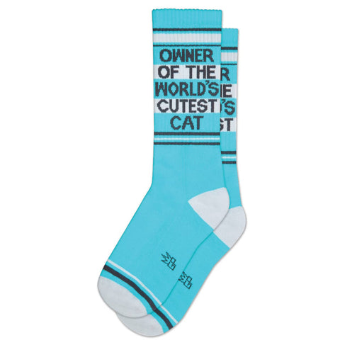 pair "Owner of the World's Cutest Cat" text on bright sky blue with black and white ribbed knit crew length gym socks