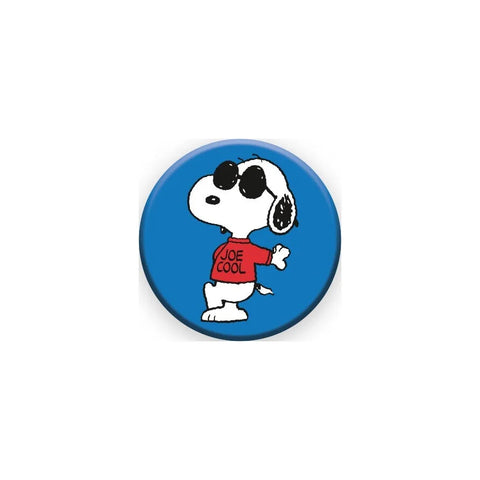 A 1.25” button of Snoopy as Joe Cool against a bright blue background